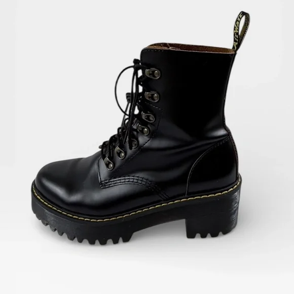 Dr. Martens Leona Vintage Smooth leather heeled platform boots in black Size 8 - Picture 3 of 10